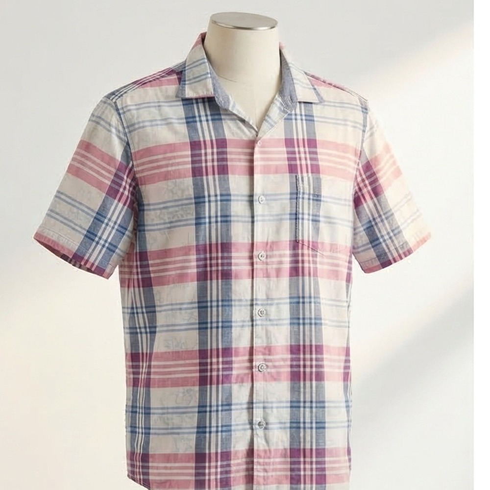 Tommy Bahama Mens L Plaid Floral Short Sleeve Button Down Camp Shirt Red Blue